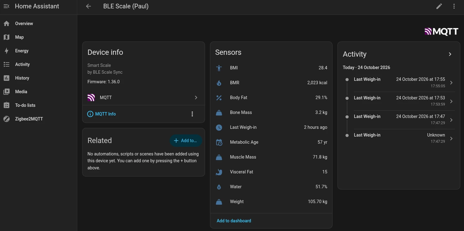 Home Assistant screenshot showing weight and other metrics from Renpho smart scales